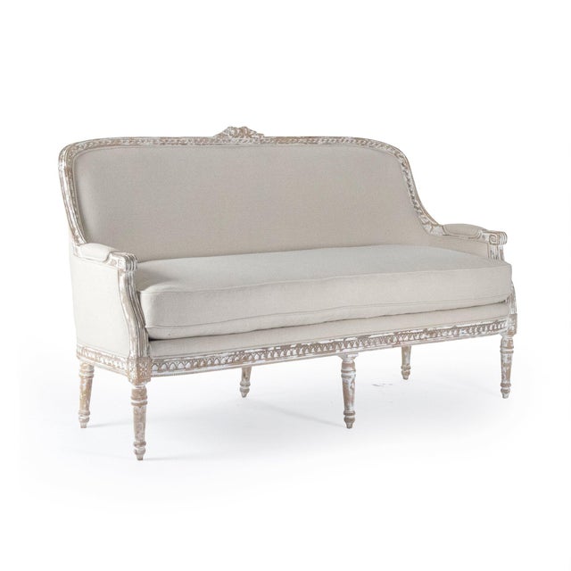 French Country Yvon Canape Bench - Natural Linen / Distressed Grey Painted Frame For Sale - Image 3 of 5