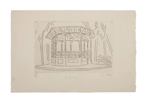 Suzanne Cattan,The Kiosk, Etching, 20th Century