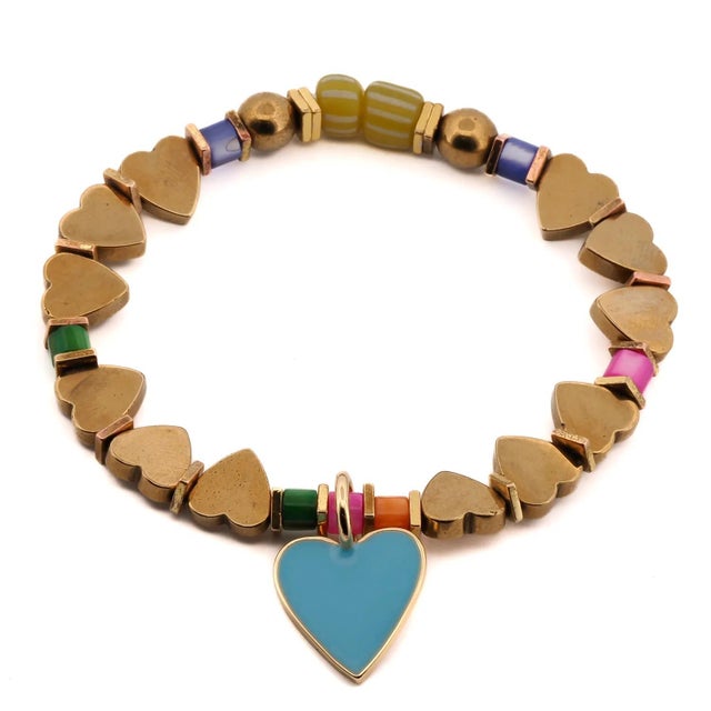 Early 21st Century Blue Heart Charm Gold Beaded Bracelet For Sale - Image 5 of 6