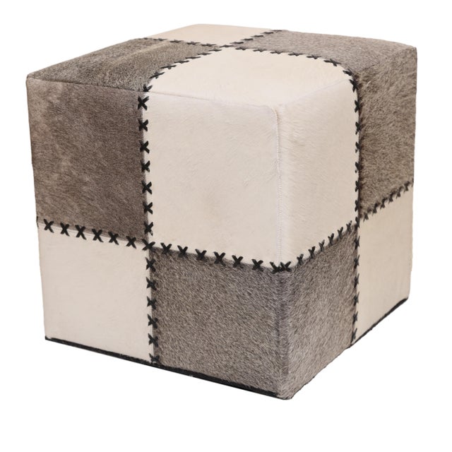 Handmade Cowhide Leather Patchwork Ottoman Pouf With Cross Stitch Detail 18x18x18 In For Sale - Image 10 of 10