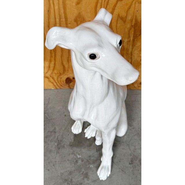 Life Size Italian Hollywood Regency Seated Whippet, White Glazed Terra Cotta For Sale - Image 4 of 6