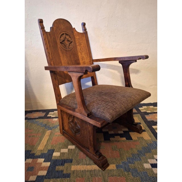 Antique Gothic Revival Carved Oak Armchair, 1910s For Sale - Image 6 of 12