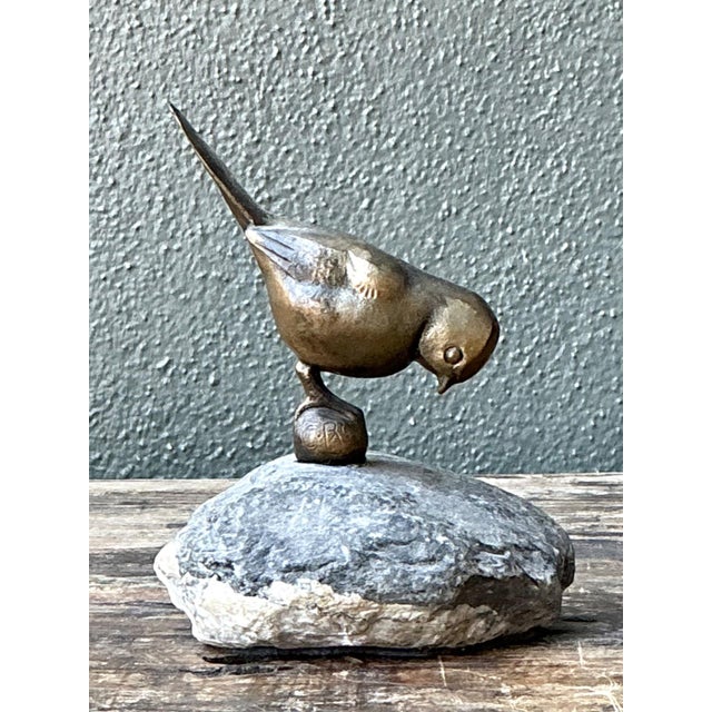 Vintage Bronze Bird Sculpture on Stone Base For Sale - Image 9 of 14