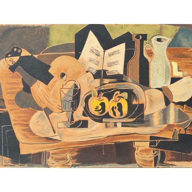 Mid 20th C. Original Cubist Style Print on Board in a Fantastic Hand-Crafted Period Frame. Print presents themes of fruit,...