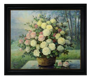 Giovanni Bonetti, Basket of Pale Roses, 1980s, Oil on Canvas, Framed