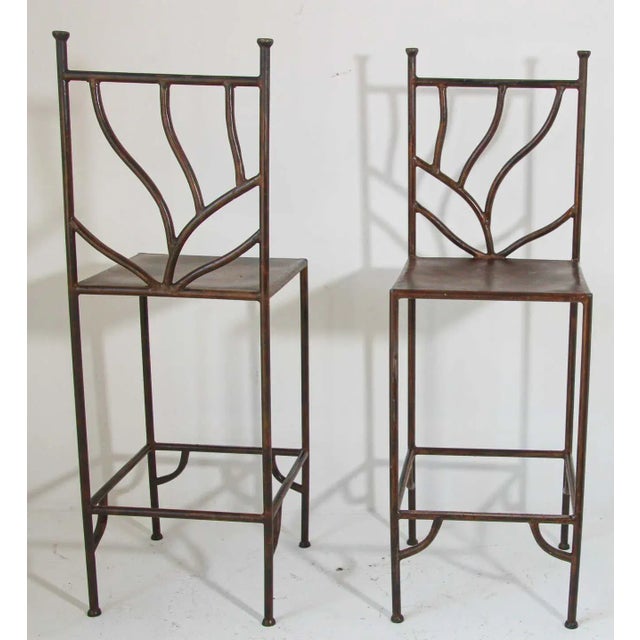Brown Set of 2 Spanish Revival Hand-Forged Wrought-Iron Barstools, Mexico, Circa 1990 For Sale - Image 8 of 14