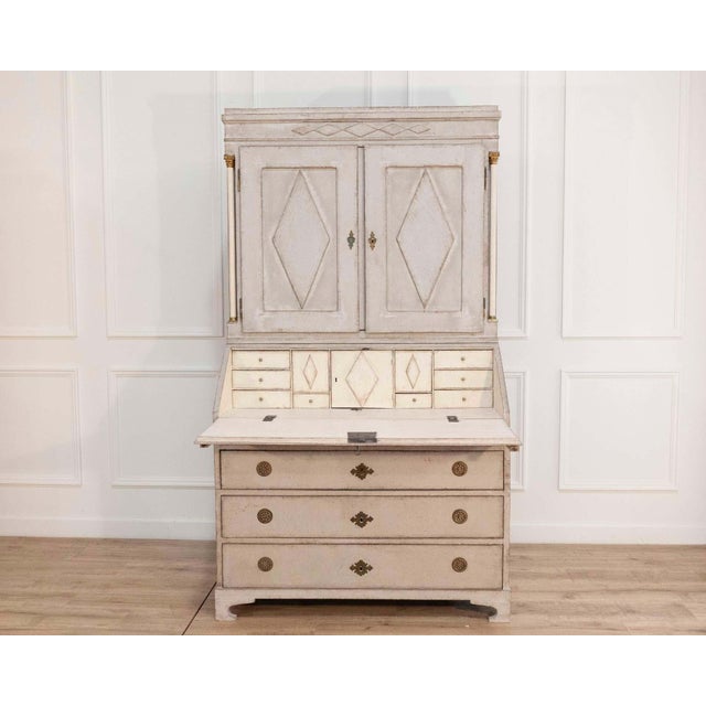18th Century Fine Swedish three-part bureau with charming carvings and marble-painted columns For Sale - Image 4 of 11