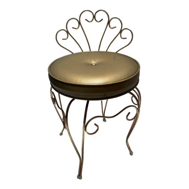 Vintage 70s Vanity Gold Stool in Brass For Sale