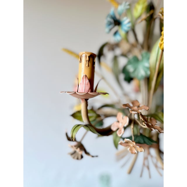 Metal French Polychrome Floral and Wheat Tole 5-Light Chandelier, 1960s For Sale - Image 7 of 18