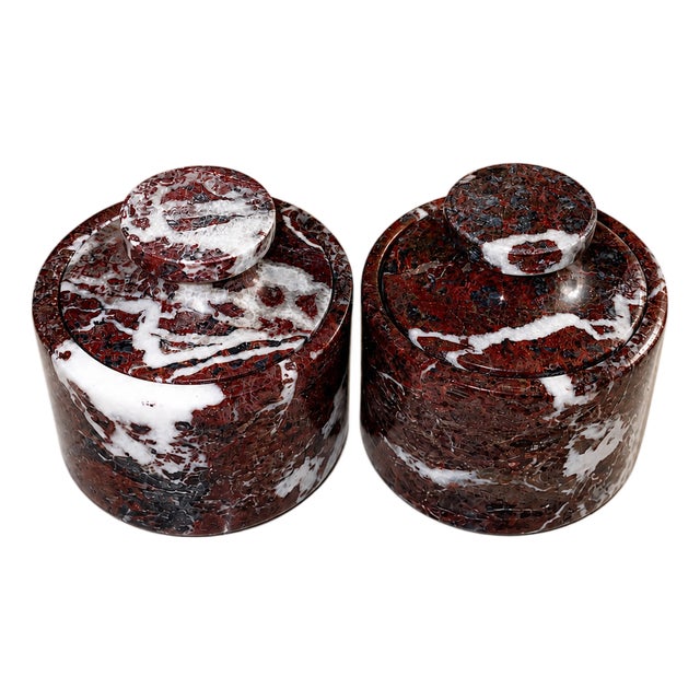 Handcrafted Marble Salt Cellar Set of 2 – Red Marble Lidded Salt & Spice Containers For Sale