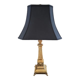 Brass Table Lamp With Custom Black Silk Shade For Sale