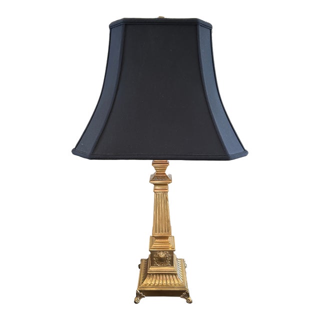 Brass Table Lamp With Custom Black Silk Shade For Sale