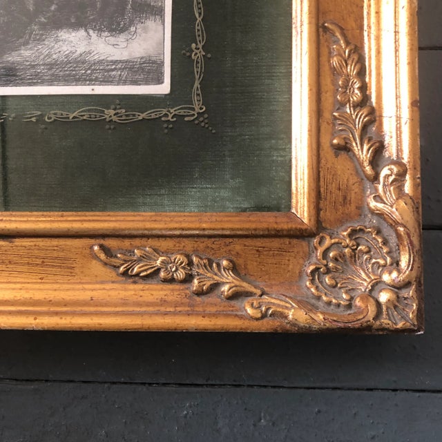 Original etching on paper unsigned 6 x 9 laid down on green velvet covered mat the detail around the border was hand...