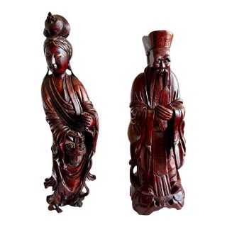 Late 20th Century Hand Carved Chinese Guanyin & Scholar Figures Pair-Rosewood-Asian-Sculpture-Kwan For Sale