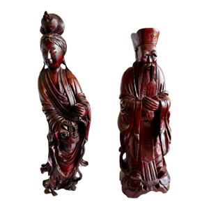 Late 20th Century Hand Carved Chinese Guanyin & Scholar Figures Pair-Rosewood-Asian-Sculpture-Kwan