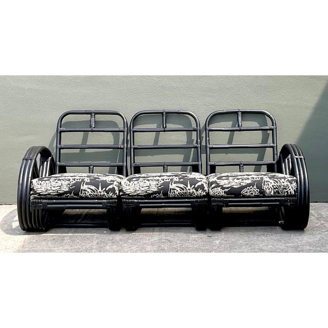 Vintage Black Rattan Sofa in Quadrille “Royal Journey” For Sale - Image 13 of 18
