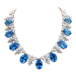 10k White Gold Natural Diamond Royal Blue Topaz Elegant Necklace