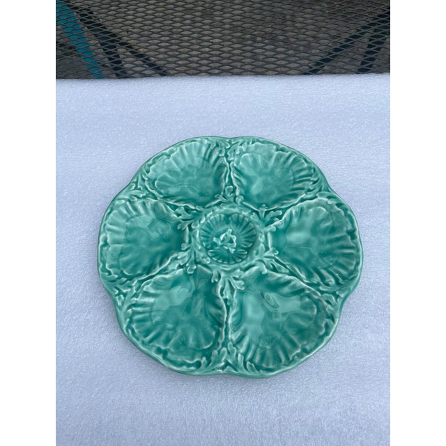 A lovely glazed earthenware French Majolica (or barbotine) Oyster Plate crafted by the famous Gien workshop in France....