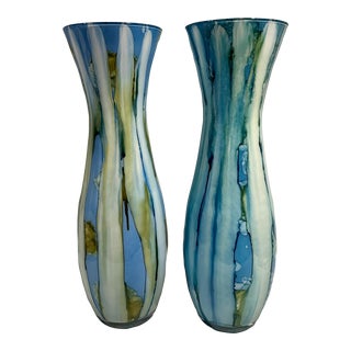 Tall Blue Chartreuse Art Glass Decorative Vases-A Pair For Sale