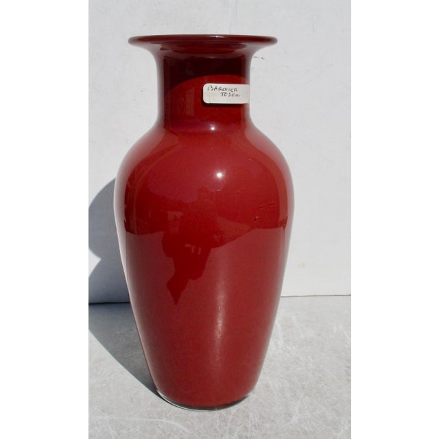 Barovier Toso Red Vase. Case glass of red and clear layers in a classic vase baluster form vase. Beautiful coral red and...