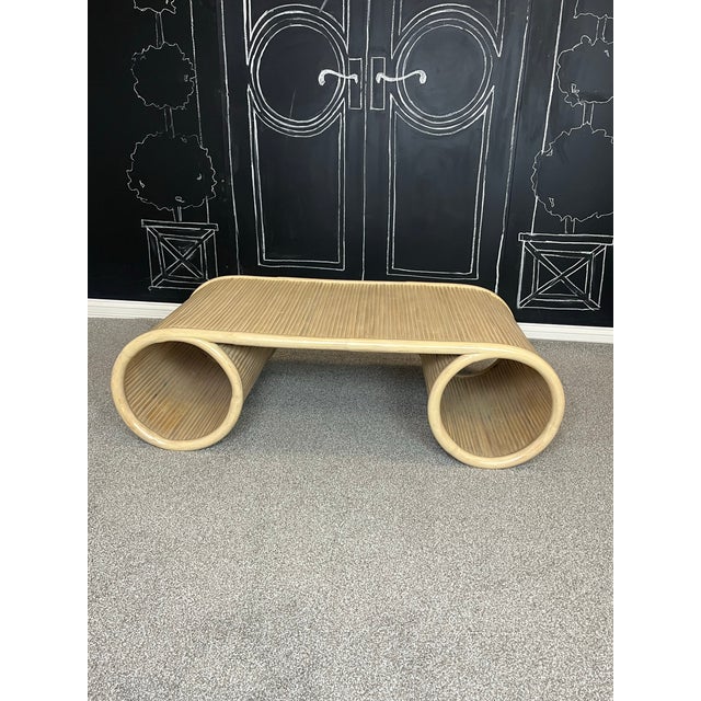 Ecru Vintage Coastal Bamboo Reed Coffee Table Modern Scroll Shaped For Sale - Image 8 of 11