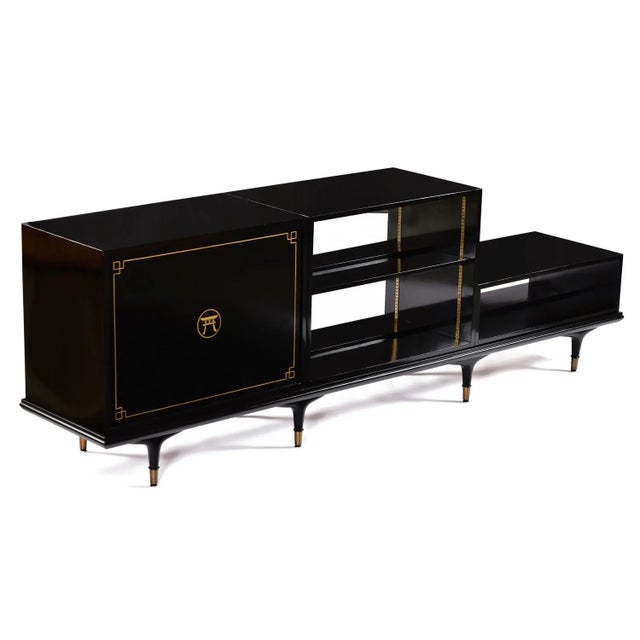 1950s Edward Wormley Dunbar 4-Piece Black Lacquer Asian Modern Modular Credenza For Sale - Image 5 of 13