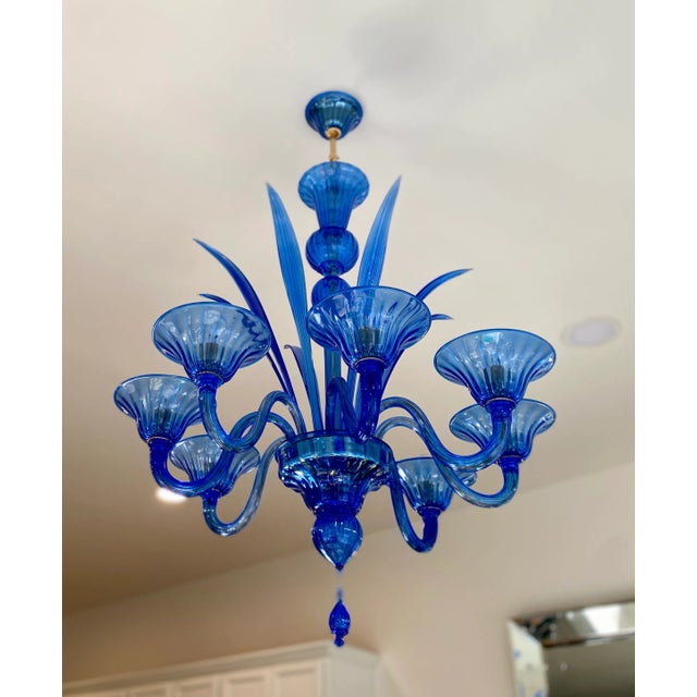 1980s Blue Murano Style Glass Chandelier With 8 Leaves and 8 Lighted Arms, Hand Blown in Murano Italy For Sale - Image 4 of 11