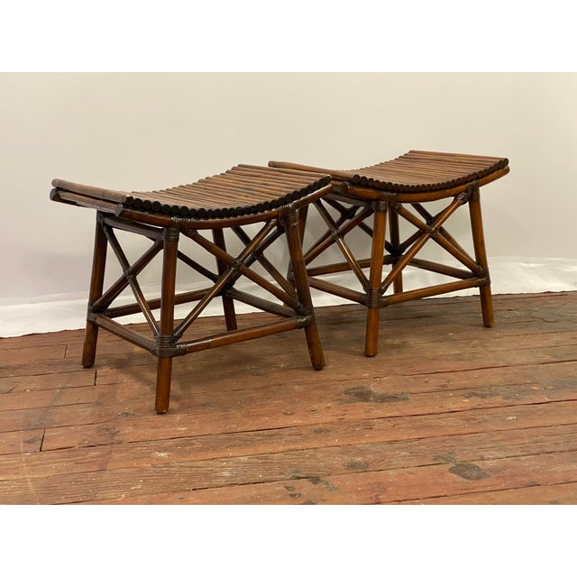 Nice Asian style pair of bamboo stools for Pier One. Made in Indonesia. Circa 1980-90. Comfortable concave seats. Wrapped...