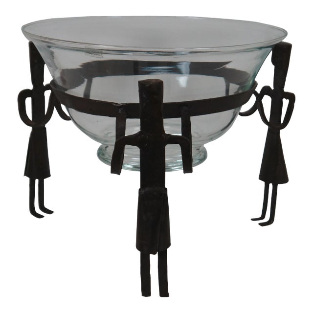 Vintage Great City Traders Wrought Iron Figural Iron & Portugal Glass Centerpiece Bowl For Sale