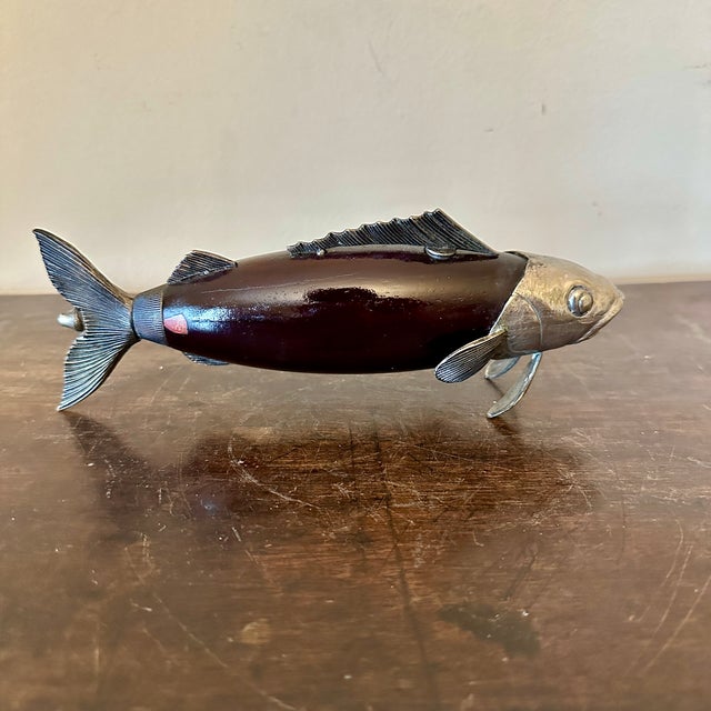 Gucci Vintage Tre Spade Figural Silver Plate Wood Fish Peppermill For Sale - Image 4 of 6