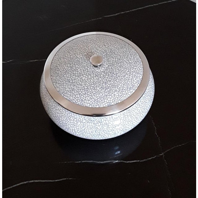 Mid-Century Modern Mid-Century Beige & Blue Patterned Ceramic Lidded Box with Silver-Plated Metal Details by Wächtersbach for WMF, 1950s For Sale - Image 3 of 8