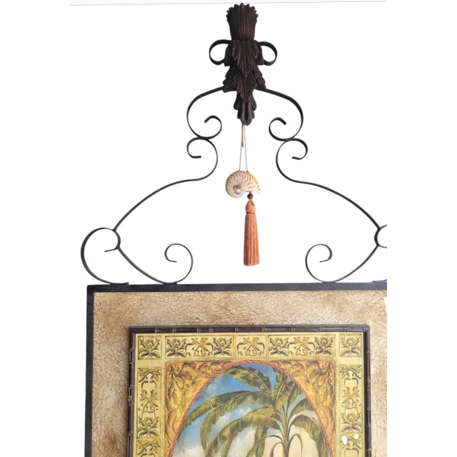 Hollywood Regency 1990s ​Oversized John-Richard Palm & Scenery Medallion Wall Art With Wrought Iron & Shell Finial For Sale - Image 3 of 12