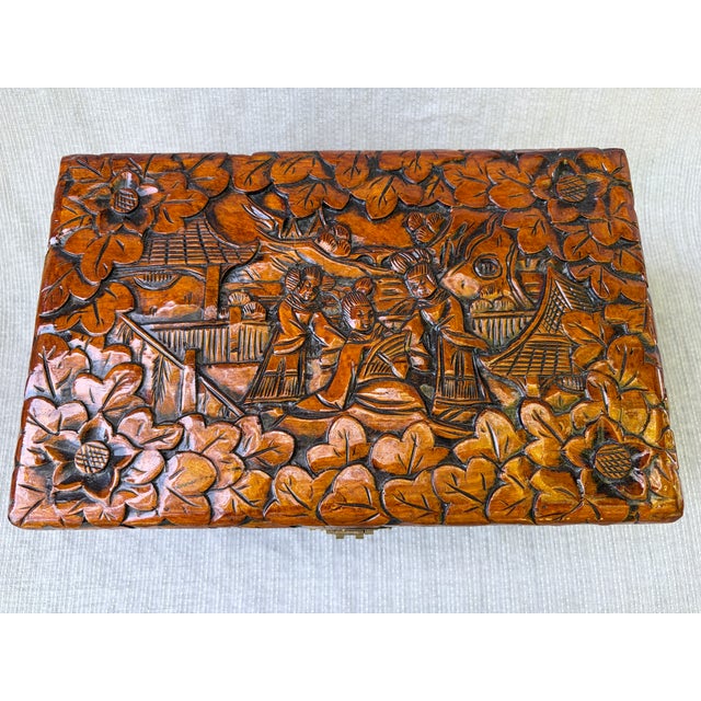 Vintage Chinese Camphor Carved Chest Box For Sale - Image 4 of 17