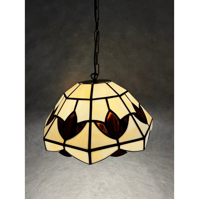 Stained Glass Pendant Lamp with Leaf Motif, 1970s For Sale - Image 3 of 10