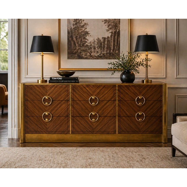 1970s Mastercraft Brass & Walnut 9-Drawer Dresser / Credenza For Sale - Image 9 of 10
