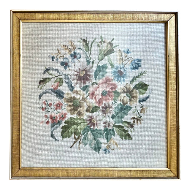 Late 20th Century Floral Needlepoint Textile, Framed For Sale