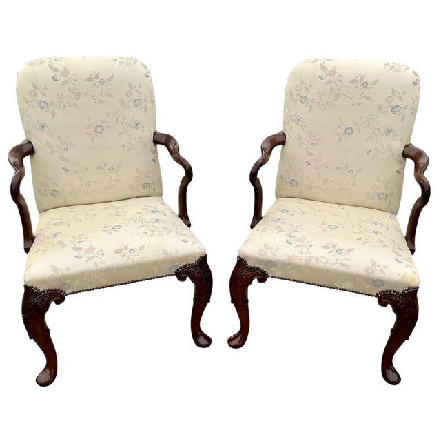 Pair of 1980s Baker Upholstered Armchairs With Carved Mahogany Frames For Sale - Image 12 of 12