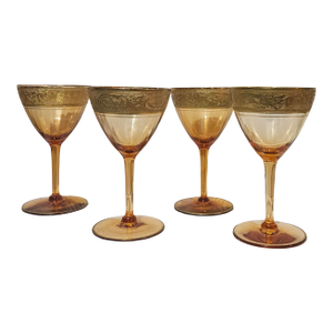 Mid 20th Century Set of 4 Tiffin-Franciscan Gold-Rimmed Hand Blown Glass in the Melrose Amber Pattern.