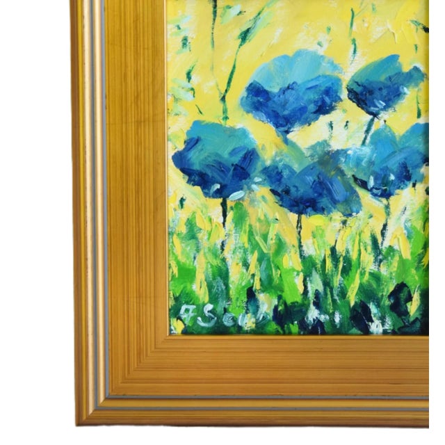 Shabby Chic Impressionist Blue Poppies Floral Flowers Oil Painting W/ Antiqued Gold Wood Frame For Sale - Image 3 of 7