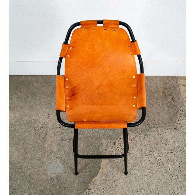 1960s Mid Century Modern Bar Stools Set 3 Cognac Tan Leather Charlotte Perriand Arcs For Sale - Image 9 of 12