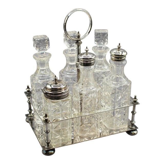 Circa 1880 English Silver Plate & Cut Glass Cruet Set For Sale
