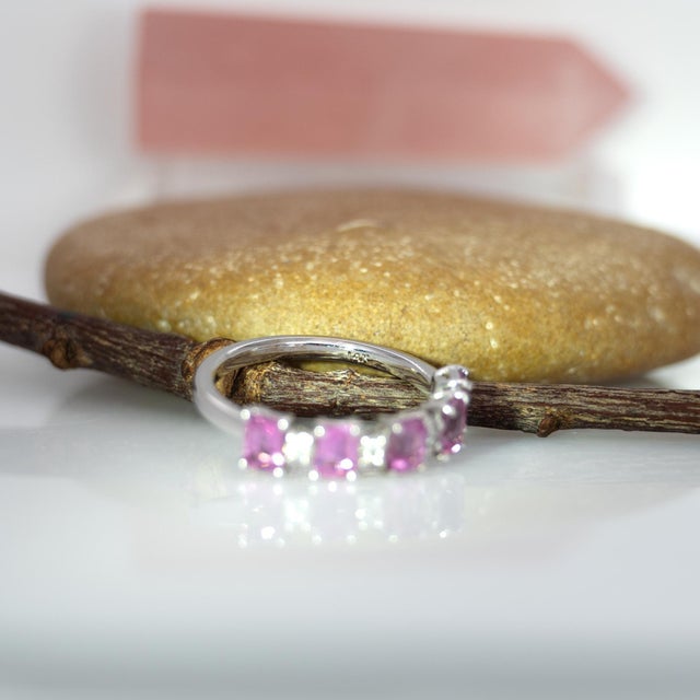 Metal Pink Sapphire Band Ring With Natural Diamonds Accents: Solid 14k Gold, Size 6.75 For Sale - Image 7 of 9