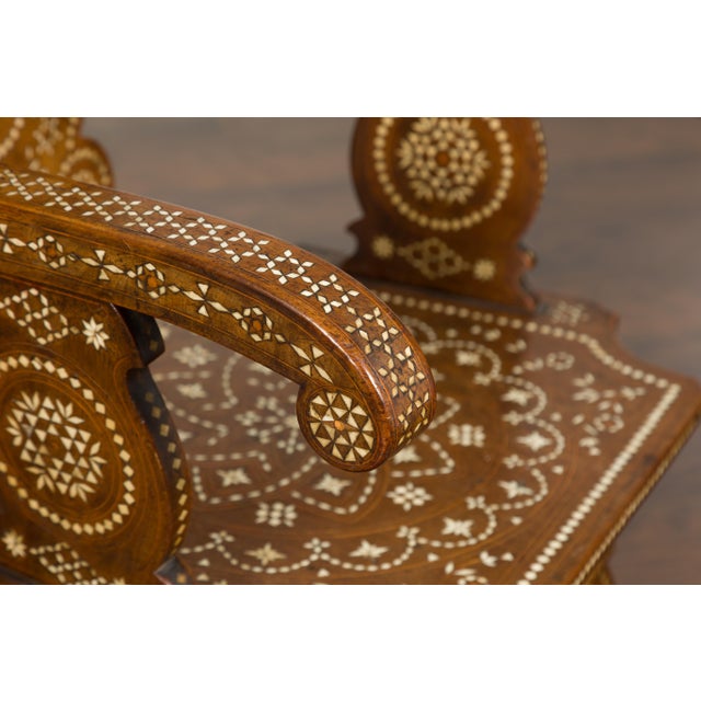 Moroccan Richly Inlaid Armchair with Carved Back and Scrolling Arms, circa 1900 For Sale - Image 4 of 12