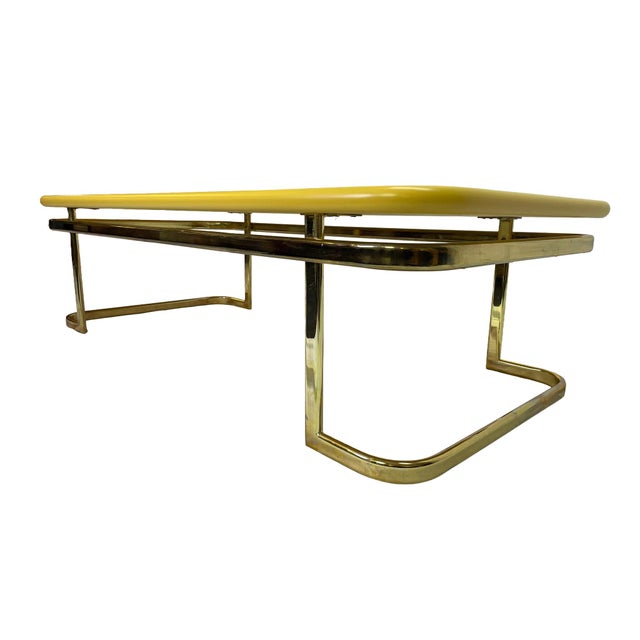 Wood 1970s Lane Furniture Lemon Yellow Lacquered Wood Coffee Table With Brass-Tone Metal Base For Sale - Image 7 of 13