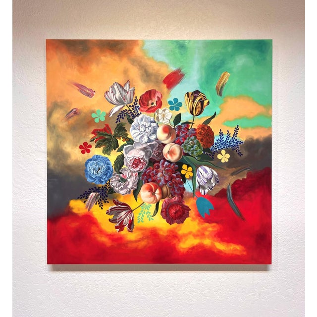 This artwork presents a vibrant bouquet of flowers, interspersed with bold, abstract forms that evoke a sense of dynamism...