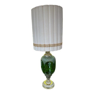 Large Mid-Century Modern Hollywood Regency Gilt and Jeweled Green Glass Table Lamp For Sale