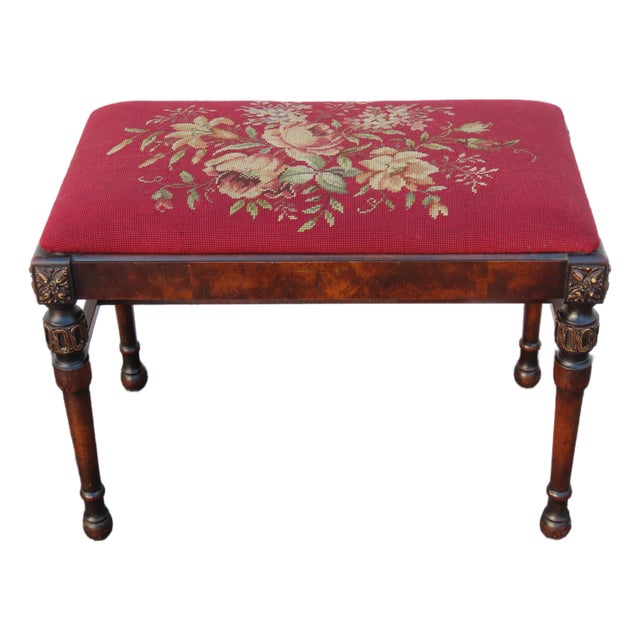 Early 1900s Tapestry Carved Vanity Stool Bench Ottoman 6307 For Sale