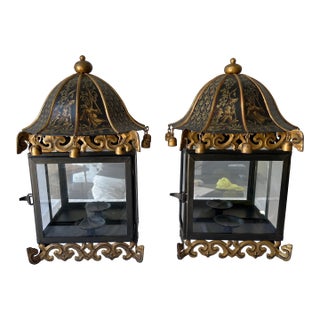 1990s Pair of Chinoiserie Gilt and Painted Metal Wall Lanterns With Figural Decoration, 23” H For Sale
