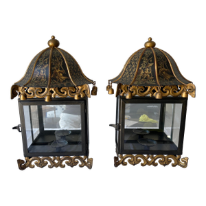 1990s Pair of Chinoiserie Gilt and Painted Metal Wall Lanterns With Figural Decoration, 23” H