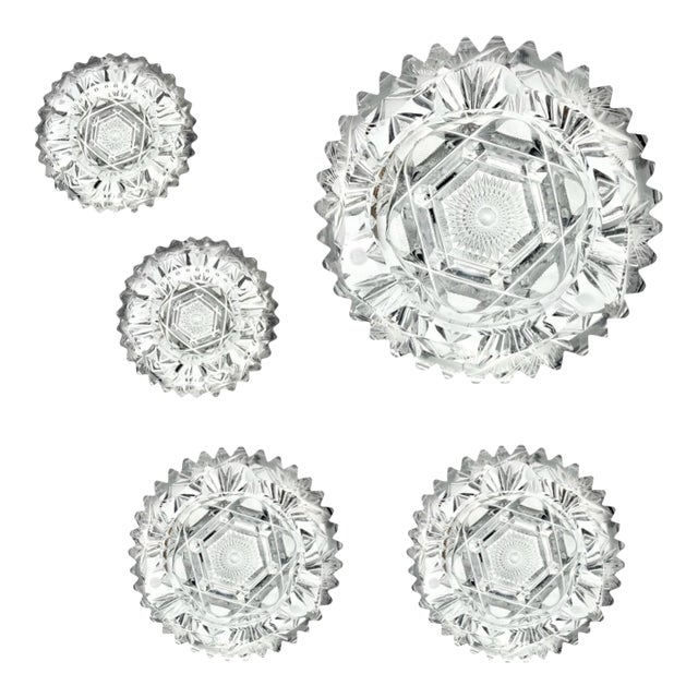 Antique American Brilliant Cut Crystal 5-Piece Heavy Pinwheel Sawtooth Ashtrays For Sale